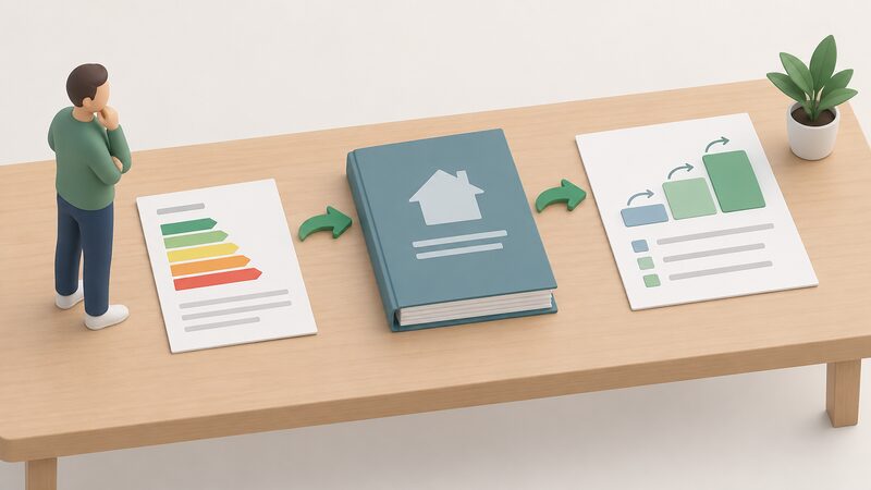 A stepped arrangement of three physical documents on a table: an EPC certificate sheet with plain colour bands, an arrow leading up to a thicker whole-house assessment folder, and a further arrow to a staged plan sheet showing simple blank step blocks rising left to right.
