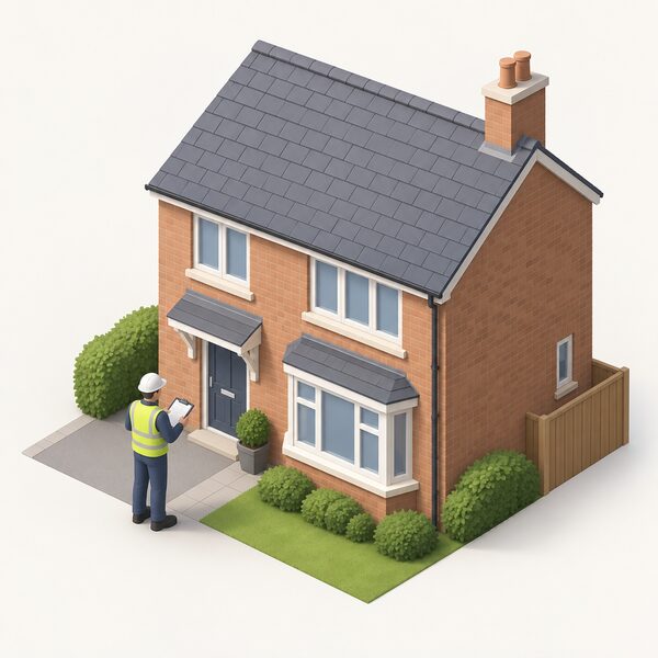 A simplified isometric energy assessor standing outside an existing house, clipboard in hand, surveying the property's walls, windows and roof as part of the RdSAP assessment that produces the domestic energy certificate.
