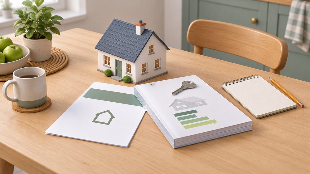A small model house sits on a kitchen table beside a spread of blank paperwork: a certificate with a plain coloured band on its front page and a thicker accompanying recommendations report, with a house key resting on top and a pencil and notepad nearby for planning work.