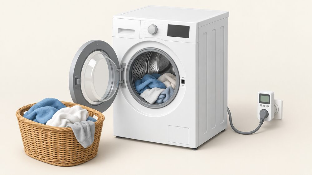 A front-loading washing machine seen close up in a home, its round door open with laundry beside it, a plug-in energy monitor and its plug and cable on the floor nearby, nothing else in view.