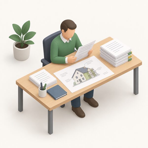 A small isometric figure of a Retrofit Coordinator seated at a desk in an office, reviewing a stack of project documents and a printed plan sheet, with a house retrofit drawing on the desk showing the domestic project being managed.