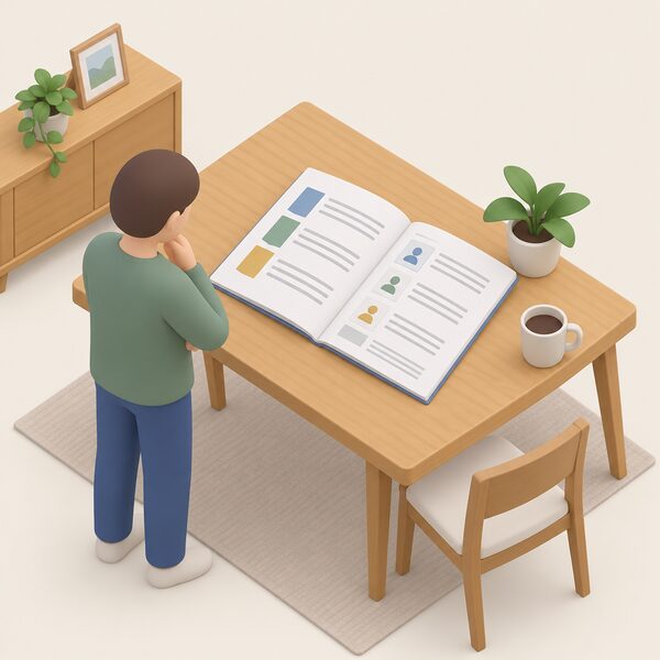A printed, versioned retrofit plan document lying open on a household table, its pages showing plain blank line blocks for stage responsibilities and version details, with a simplified isometric householder figure standing beside it reviewing the document.