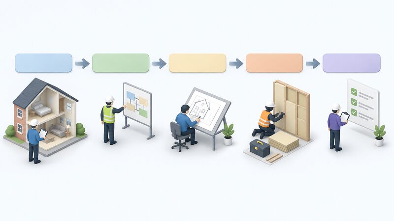 A horizontal flow diagram of five stages shown as a chain of plain blank label blocks connected by arrows, each block above a small simplified isometric figure doing that stage's work: a figure with a clipboard surveying a simple cutaway house, a figure overseeing, a figure at a drawing board, a figure installing, and a figure evaluating, all with no readable words.