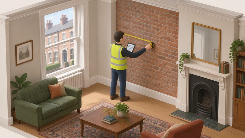 A retrofit assessor standing inside a Victorian terrace living room holds a tape measure against an exposed solid brick wall while recording the construction details on a tablet, showing the dwelling being surveyed as actually built.