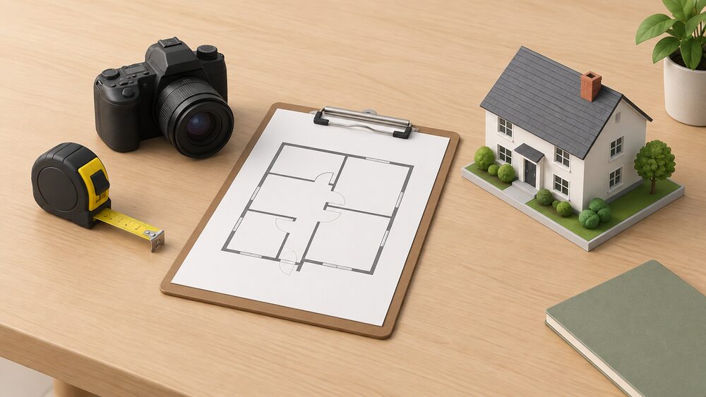 A surveyor's kit laid out on a table ready for a whole-house retrofit assessment: a clipboard with a blank floor-plan sheet, a tape measure, a camera and a small model of a detached house, all seen from above in daylight.