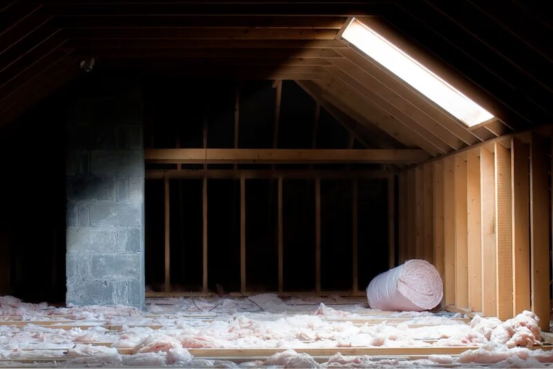An unfinished attic with pink fibreglass loft insulation laid between the joists and a roll of insulation waiting to be unrolled