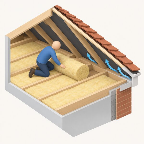 A simplified isometric figure kneeling in a loft laying insulation rolls between joists, with the roll stopping short of the roof edge so a clear eaves ventilation gap remains under the sloping roof, shown in cross-section with airflow arrows moving through the gap at the eaves.