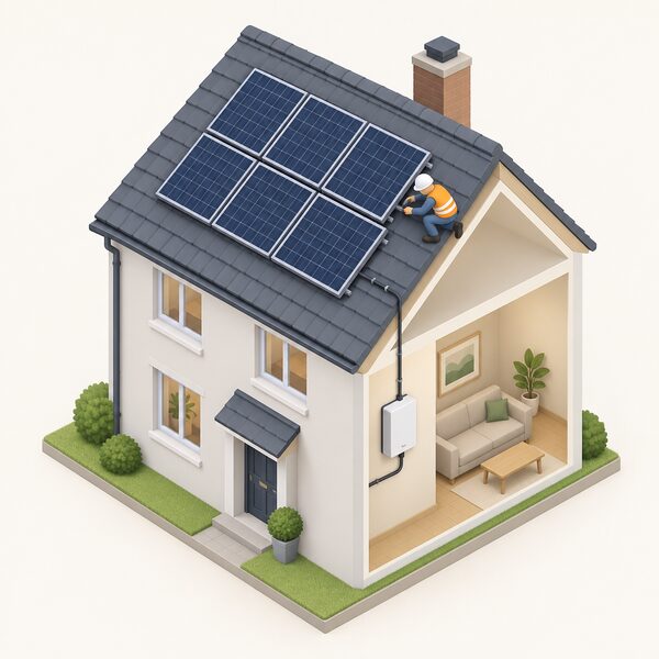 A small isometric figure of an installer fixing a solar panel onto a sound, recently repaired pitched roof of a house, with a cable running down the wall to an inverter mounted indoors on the wall of the room below, shown as the final layer of the retrofit plan.
