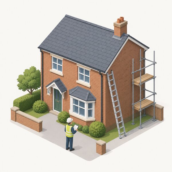 A retrofit assessor with a clipboard stands outside a traditional house surveying it, looking up at the roof and walls, with a ladder against the house and scaffolding poles nearby, setting the order of improvements before any work begins.