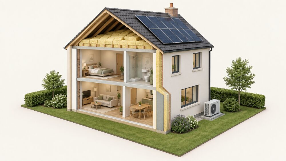 A cutaway two-storey house showing the retrofit sequence: thick loft insulation laid between and over the joists in the roof, insulated external walls, an air source heat pump unit standing outside on the ground beside the house, and solar panels on the roof.