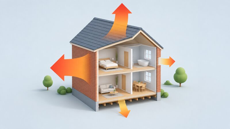 A cutaway diagram of a simple uninsulated house with plain colour bands of heat flowing out through the walls, roof, windows and floor, the wall and roof flows drawn widest to show they lose the most heat.