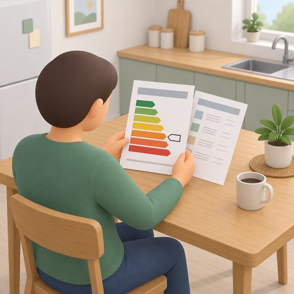 A householder at a kitchen table holding an energy performance certificate, the printed sheet showing a coloured A to G band graph with one band highlighted, and behind it a recommendations page with plain blocks and blank lines for measures, costs and savings.
