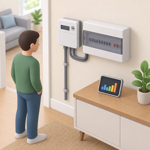 A smart meter fitted on an interior wall next to the electricity consumer unit, with its separate in-home display shown nearby on a shelf or table, its screen showing a simple bar graph of daily energy use with no readable figures.