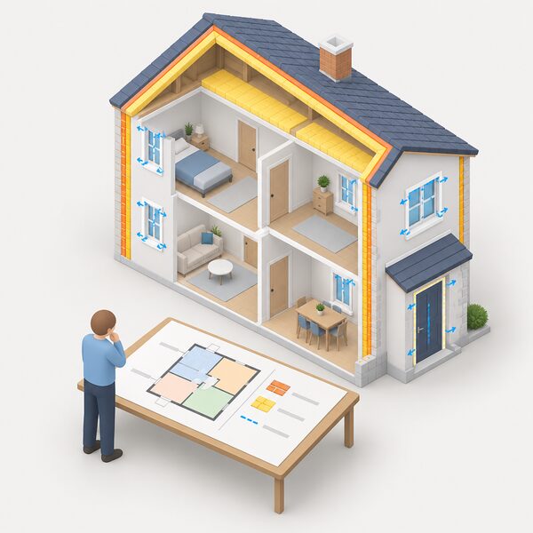 A cutaway whole-house view showing a simplified house with its walls, roof and window draught points highlighted, with a small isometric figure standing beside a large plan sheet laid on a table, the sheet marked with plain room-by-room blocks and blank lines.