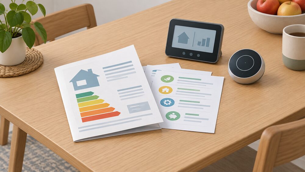 A kitchen table with a folded Energy Performance Certificate document and its recommendation report pages, a small in-home display showing a blank usage screen, and a round wall thermostat lying beside them, arranged as the assessment steps before any purchase.