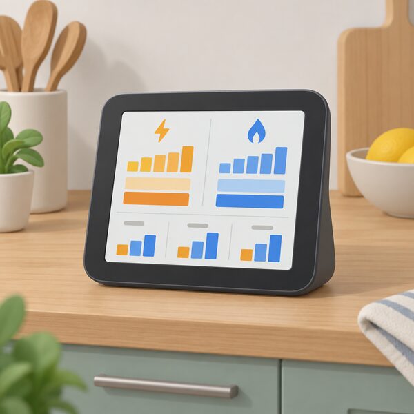A smart meter in-home display standing on a kitchen worktop, its screen showing plain colour bands and blocks representing gas and electricity use and spending for hour, week and month, with no readable figures.