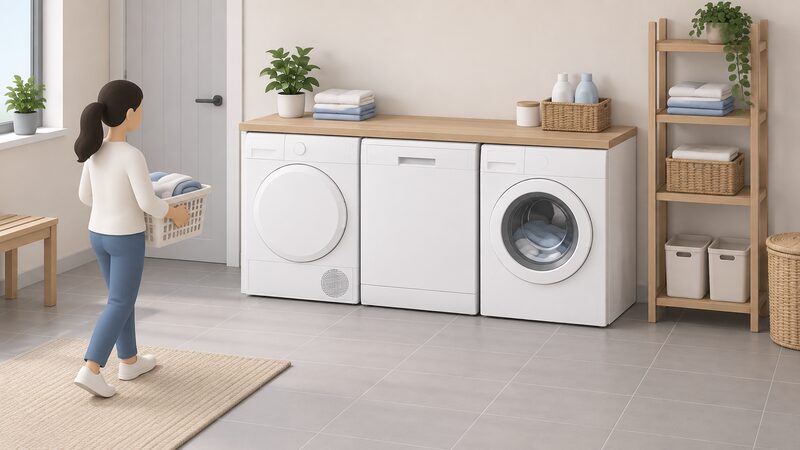 A utility room with a tumble dryer, a dishwasher and a washing machine standing side by side in a row against the wall, each a plain white front-loading cabinet of similar height, drawn simply so the three wet appliances can be compared at a glance.