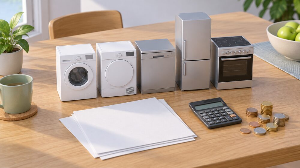 A small arrangement on a kitchen table of miniature models of a washing machine, tumble dryer, dishwasher, fridge and oven lined up beside blank paperwork, loose coins and a calculator, showing a household comparing its biggest electricity users.
