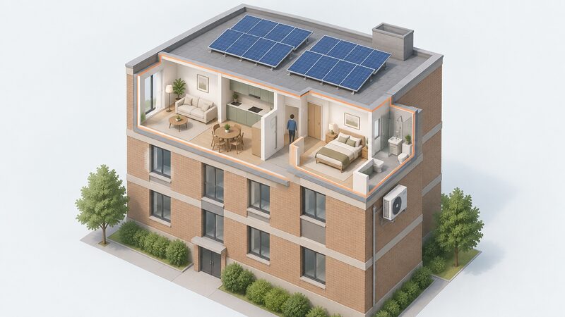 An isometric cutaway of a top-floor flat with solar panels on the shared roof above it and a heat pump unit mounted on the external wall below, showing the flat's own boundary against the building's shared structure.