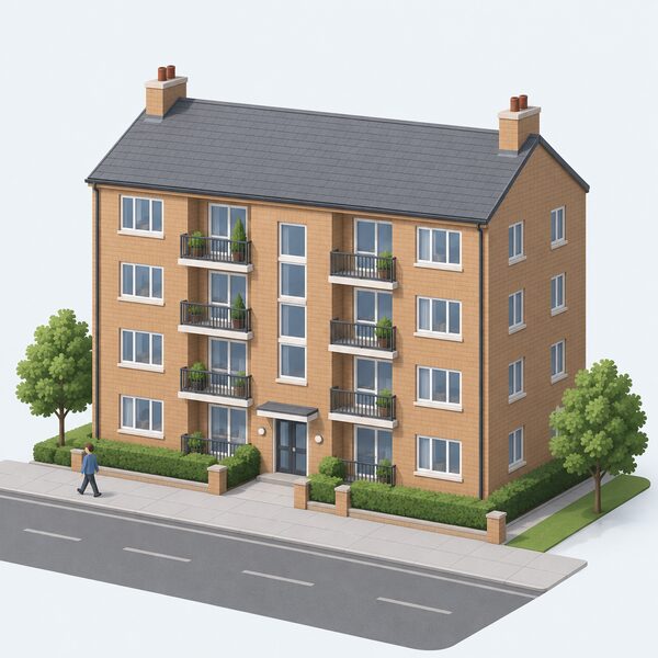 A street-level view of a plain multi-storey block of flats with a visible roof, shown as a single building containing several flats, with no roof alterations or additions drawn on it.