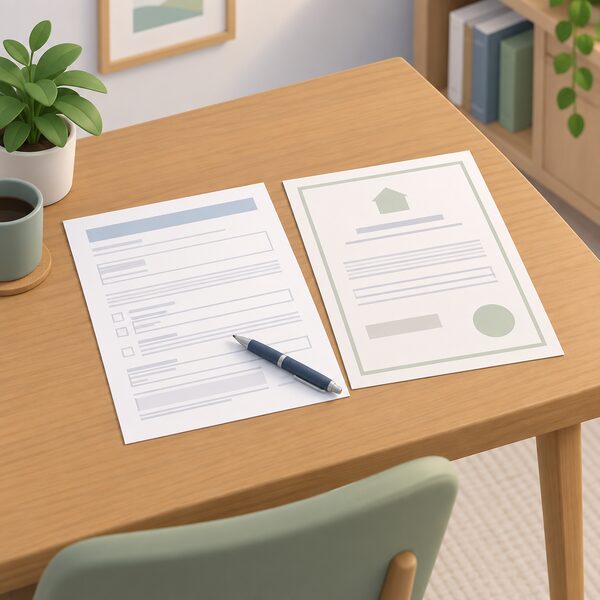 A planning application form lying on a wooden table beside a certificate of ownership sheet, with a pen resting on the form, drawn as physical paper documents in a home setting with all content shown only as blank lines and plain blocks so nothing is readable.