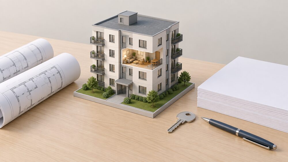 A rolled architectural drawing and a stack of blank assessment paperwork lie on a table beside a small cutaway model of a block of flats with one flat's interior highlighted, next to a house key and a pen.