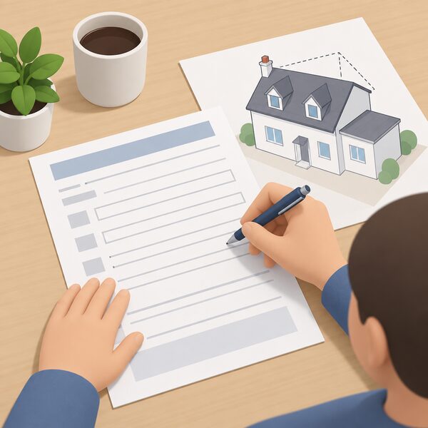 A printed planning permission application form lying on a table beside a simple line drawing of a house with roof alterations, with a pen and a householder's hand completing the blank fields.