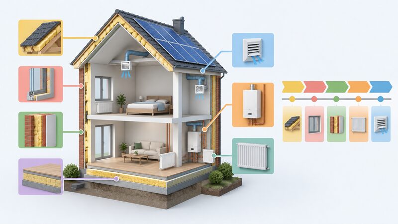 A simplified cutaway diagram of a two-storey house showing fabric measures in the walls, windows, floors and roof, a heating system and ventilation, with colour-coded blocks grouping the measures into staged phases arranged as a timeline beside the house.