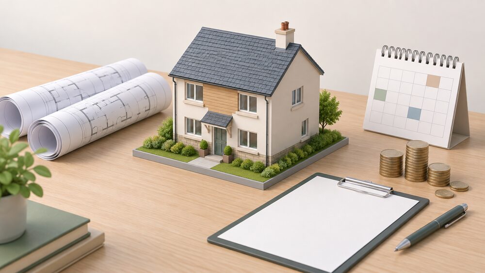 A small cutaway model of a house standing on a table beside rolled architectural drawings, a blank staged plan document on a clipboard, a pen, a small calendar and a modest stack of coins, suggesting a multi-year retrofit route map for the whole property.