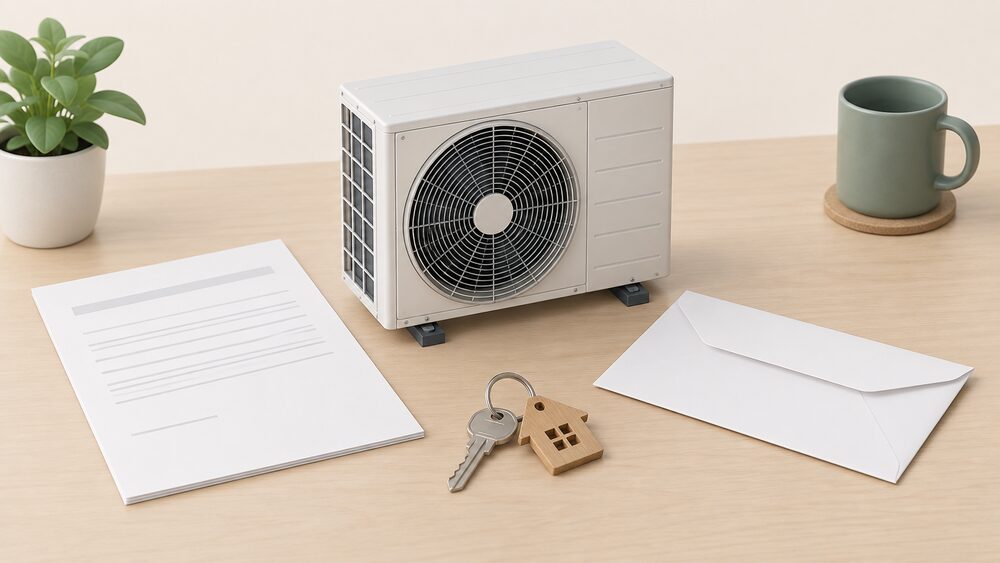 A small model of an air source heat pump outdoor fan unit stands on a table beside a blank quote sheet, a blank voucher-style envelope and a house key, arranged as the moment an installer's grant-funded quote is accepted.