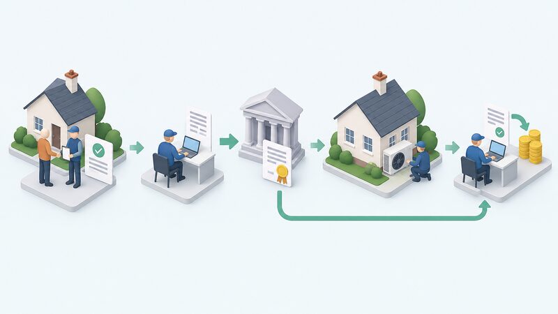 A simplified isometric flow diagram showing an installer submitting a voucher application to Ofgem, Ofgem issuing a voucher, the heat pump being commissioned at a house, and the installer later redeeming the voucher and receiving payment, with the householder giving consent at the start.