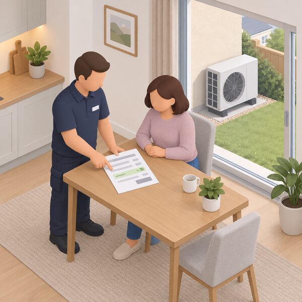 An installer and a householder stand together at a table in a home, the installer pointing at a printed quote sheet whose price lines show the grant already deducted as an upfront discount, with a heat pump installation visible through the window outside.