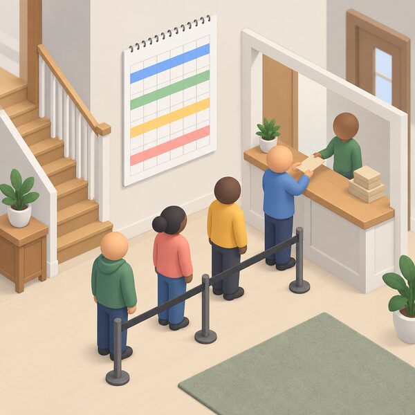 A wall calendar in a home hallway with plain colour bands marking the scheme's quarter start dates, beside a simple queue of small isometric figures waiting in line toward a counter, showing first come first served allocation against quarterly caps.