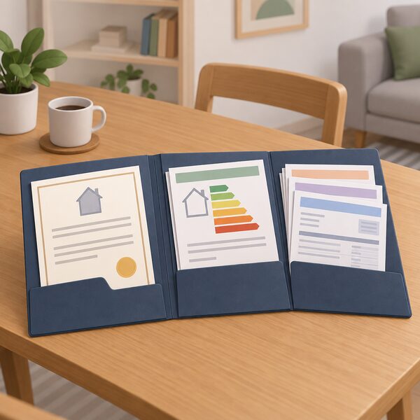 A plain document folder lying open on a household table, holding an MCS certificate, an EPC and a small stack of utility bills, each shown with blank lines and plain colour bands so no words or figures are readable, kept ready for an Ofgem audit.