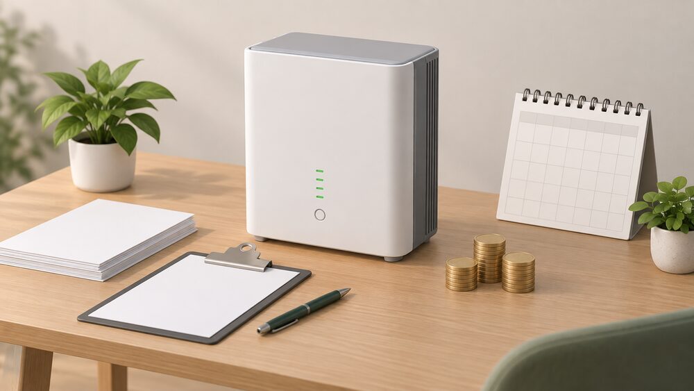 A small domestic battery storage unit standing on a table beside blank application paperwork, a clipboard, a small stack of coins and a wall calendar, representing the mix of VAT relief, Scottish grant funding and export income for a home battery.