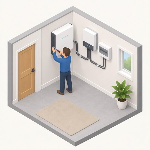 An installer in plain clothing fixing a wall-mounted domestic electrical storage battery unit to an inside wall of a home, with cabling running from the battery to a consumer unit and an inverter nearby, shown as a simple isometric cutaway of the room.