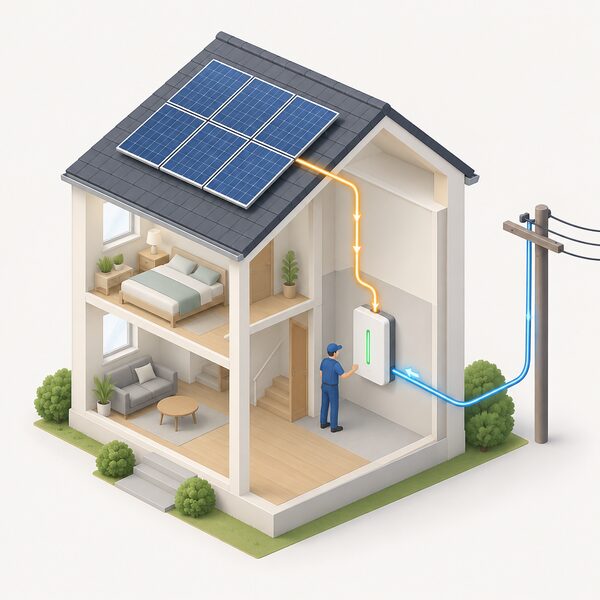 A cutaway view of a home showing a wall-mounted battery inside connected by cable to rooftop solar panels and to the incoming grid supply, with a small isometric figure of an installer checking the connection, showing electricity flowing from both the solar array and the National Grid into the battery.