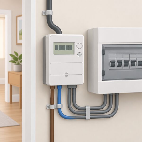 A close-up of a smart electricity meter mounted on an indoor wall next to the consumer unit, with its display screen shown as plain blank blocks, connected by visible cables to the incoming supply and household circuits.