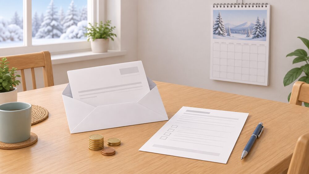 A kitchen table with a blank electricity bill in an opened envelope, a small stack of coins, a blank application form and a pen, and a wall calendar showing a winter month, arranged as a household checking whether it qualifies for a bill rebate.