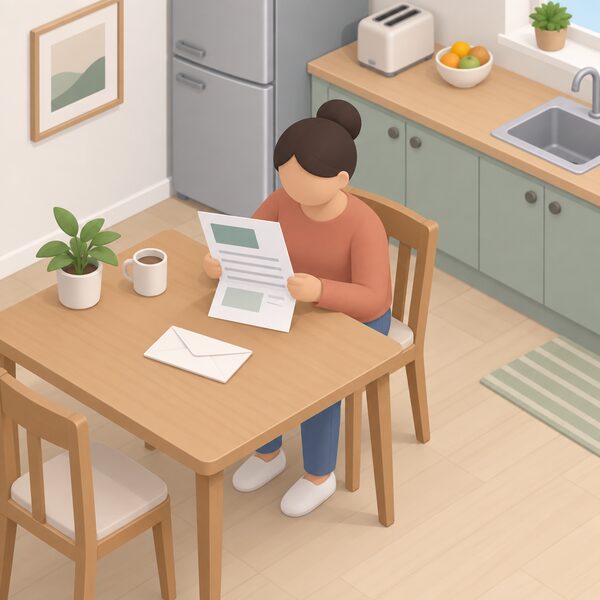A benefit award letter lying open on a kitchen table in a home, held by a simplified isometric figure checking it, with the letter's content shown only as blank lines and plain colour blocks so no readable words or figures appear.