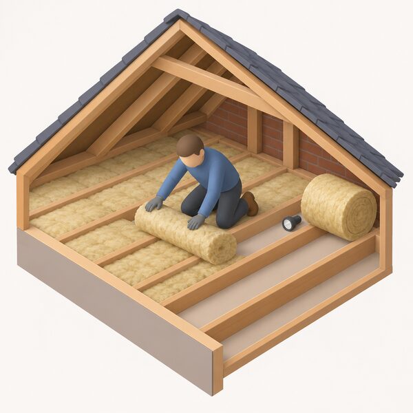 An installer in plain work clothing kneeling in a loft space, unrolling a blanket of mineral wool insulation between the timber joists, with a torch and roll of insulation beside them and the pitched roof and ceiling joists of a typical UK home around the work.