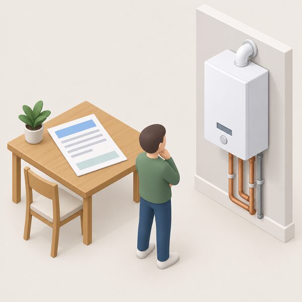A simplified household scene showing a paper electricity bill lying on a table beside a wall-mounted gas combi boiler, with a small isometric figure standing between them looking at both, so the bill rebate and the funded heating work appear side by side as things that can stack.