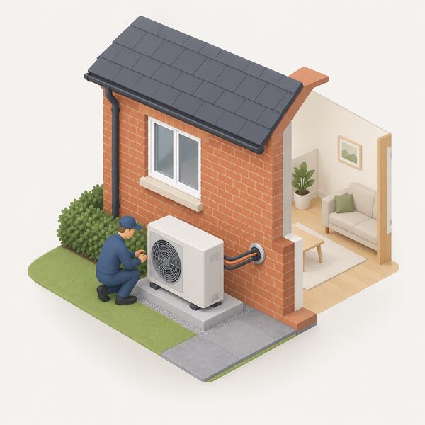 A small isometric view of a hybrid heat pump unit standing on a concrete base against the outside wall of a brick home, with refrigerant and water pipes entering the wall, a simplified installer figure checking the unit, and a plain house interior hinted behind.