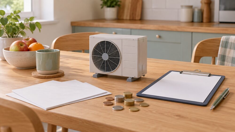 A small model of an air source heat pump unit standing on a kitchen table beside blank application paperwork, a clipboard with a blank quote sheet, a pen and a scatter of coins, suggesting a household weighing up a grant towards replacing an old oil-fired heating system.