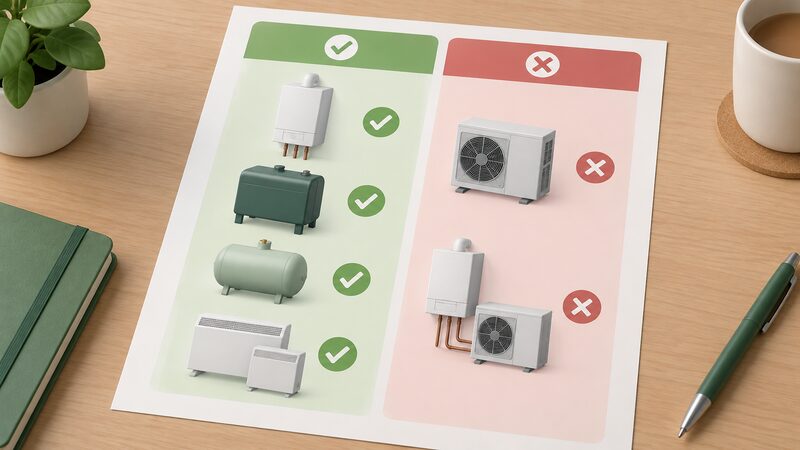 A printed diagram sheet laid on a table showing two columns of simple house-and-heating icons: one column with a gas boiler, oil tank, LPG tank and electric storage heaters marked as qualifying, the other with a heat pump outdoor unit and a hybrid pairing marked as not qualifying, all symbols plain with no words.