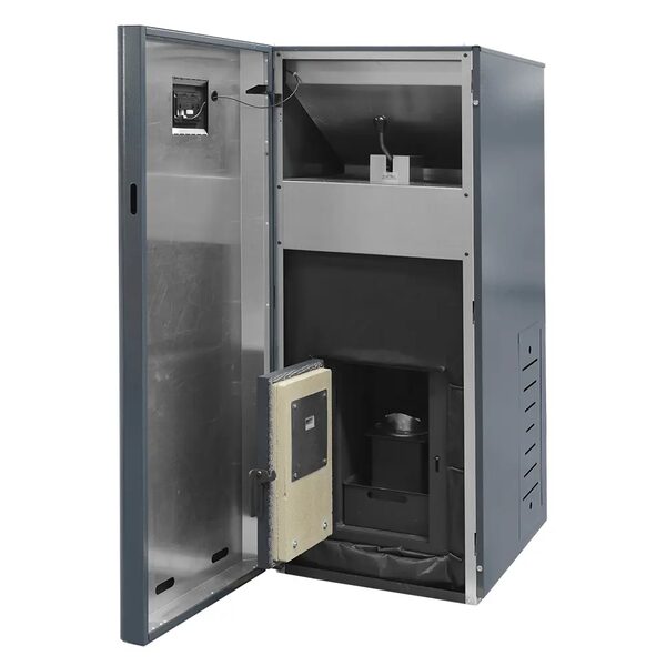 A Ferroli BIOPELLET TOP biomass pellet boiler shown with its door open, revealing the internal hopper and combustion chamber.
