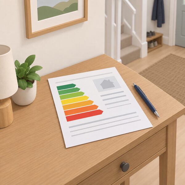 A paper Energy Performance Certificate lying on a table in a home hallway, drawn as a physical document with coloured rating bands and blank lines carrying no readable words or numbers, beside a pen, with a plain house interior wall behind.
