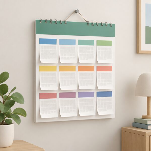 A wall calendar hanging on a plain interior wall, drawn as a physical object with a plain colour band marking one scheme year and small blank blocks for the months, with a few month pages curling forward to suggest the year passing and no readable words or numbers anywhere.