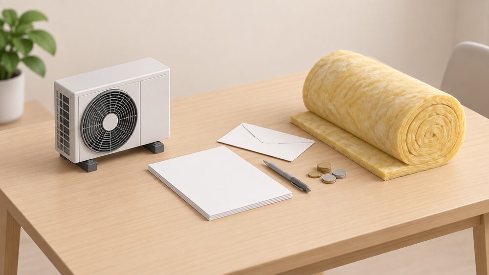 A small model of an air source heat pump stands on one side of a table beside a roll of loft insulation, with blank application paperwork, a plain envelope and a few coins arranged between them, showing a household choosing between two separate funding routes.