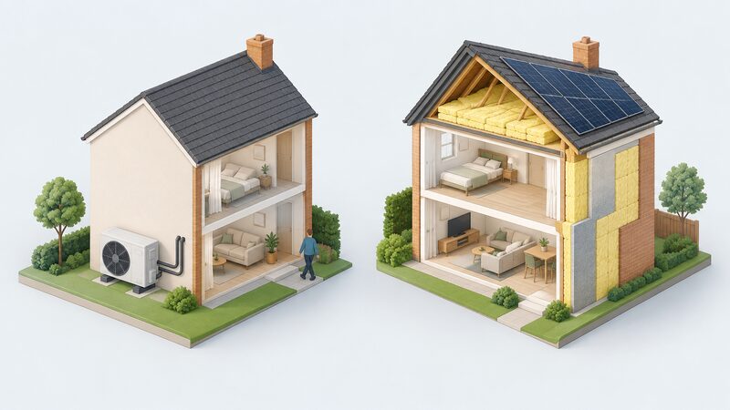 A split diagram showing two simplified houses side by side: on the left an air source heat pump mounted on the outside wall funded by the Boiler Upgrade Scheme, and on the right an ECO4 whole house retrofit with thick loft insulation, insulated walls and rooftop solar panels.